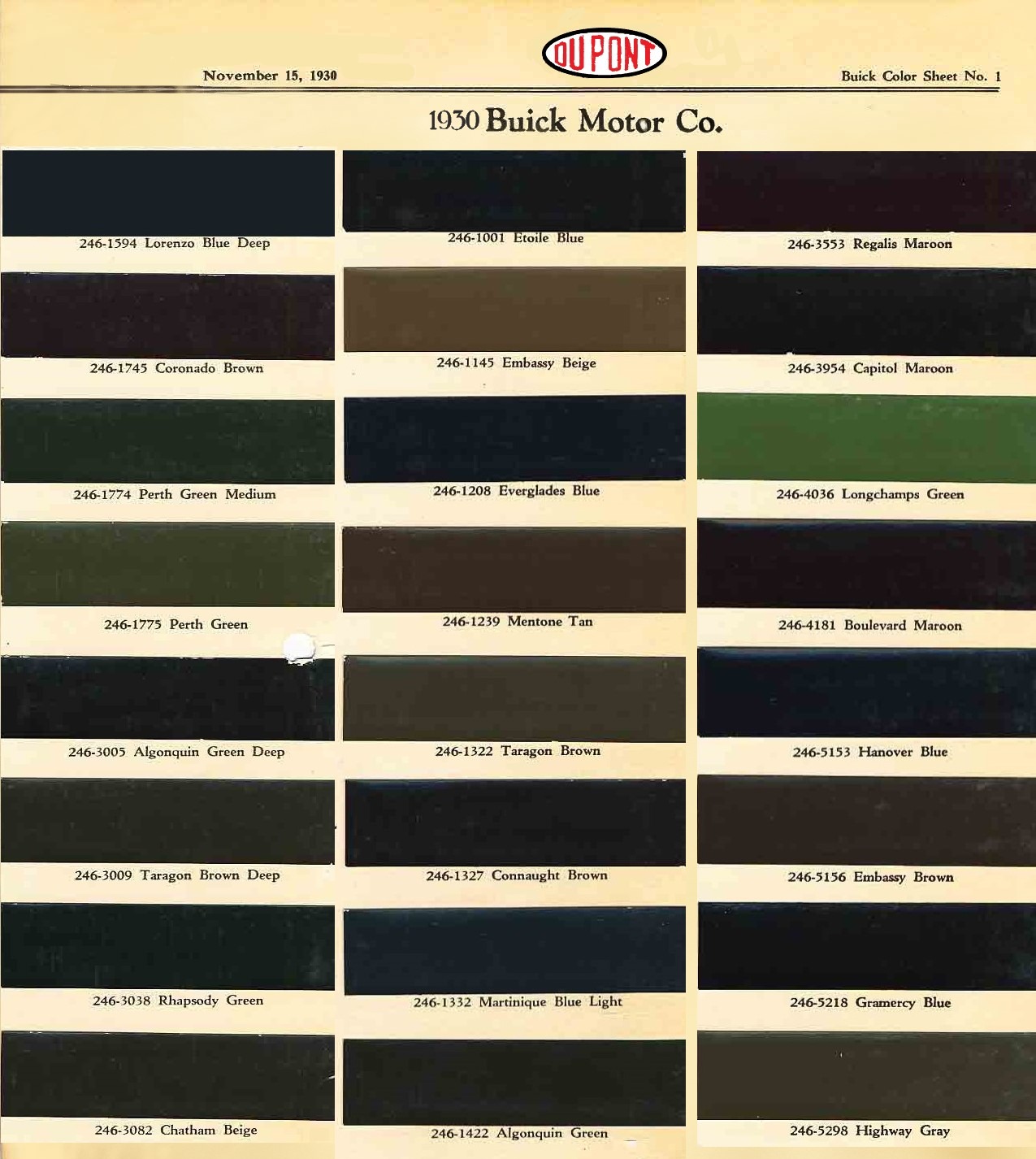 Paint chart for 1930's Buick exterior colors