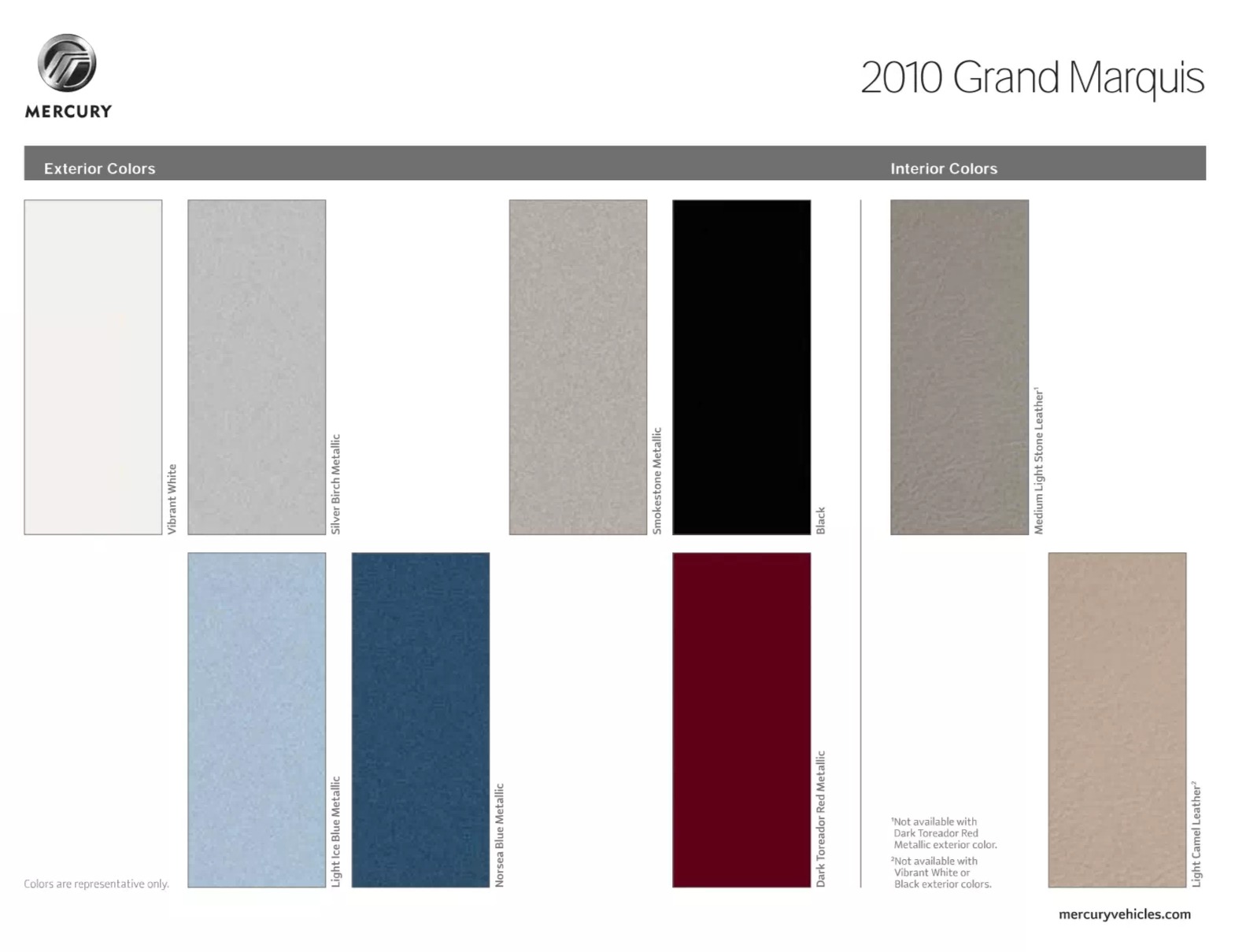 exterior color swatches showing what options were used on the 2010 Mercury Grand Marquis Vehicles