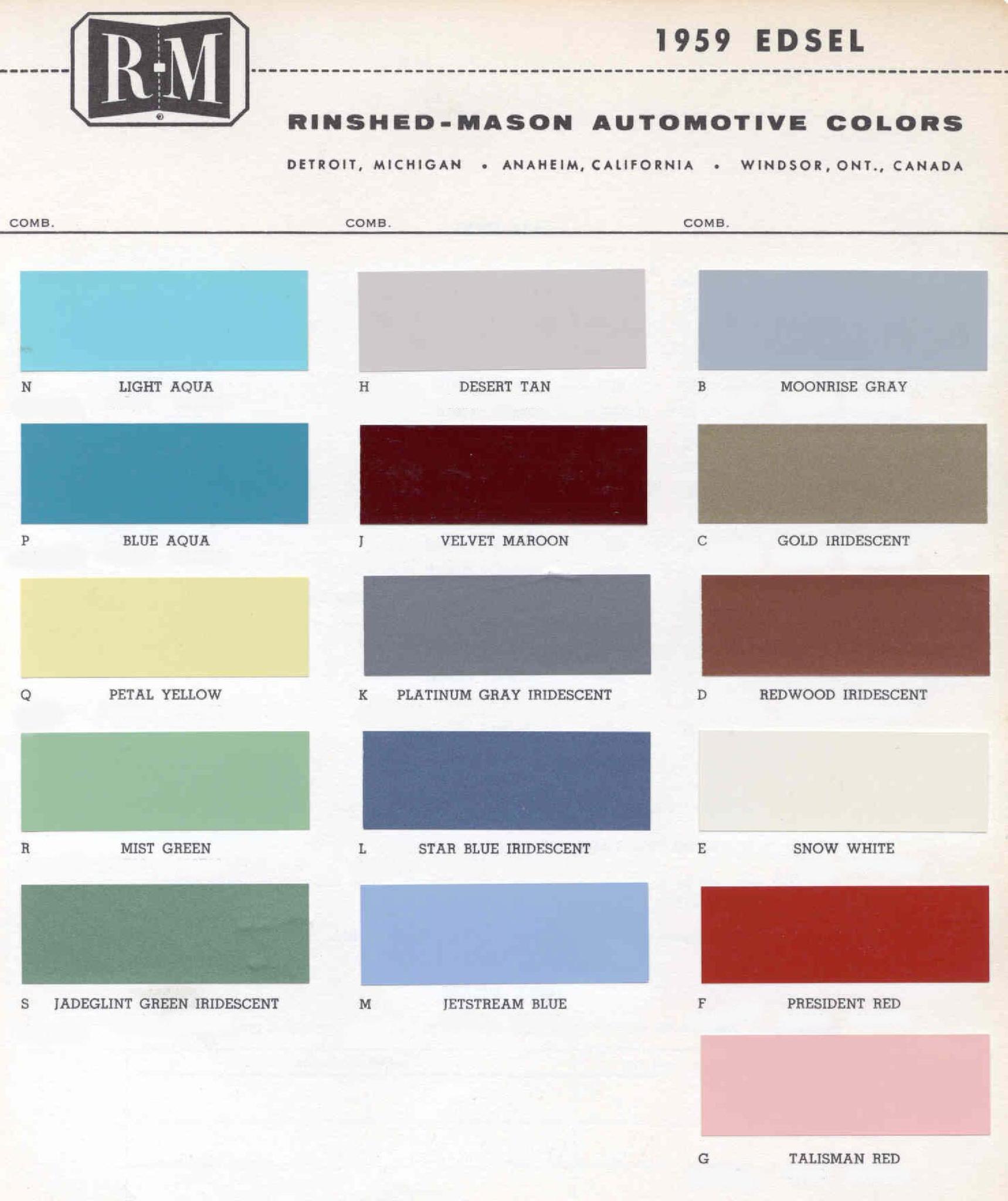 Ford Edsel 1959 Color Code, Paint Chart