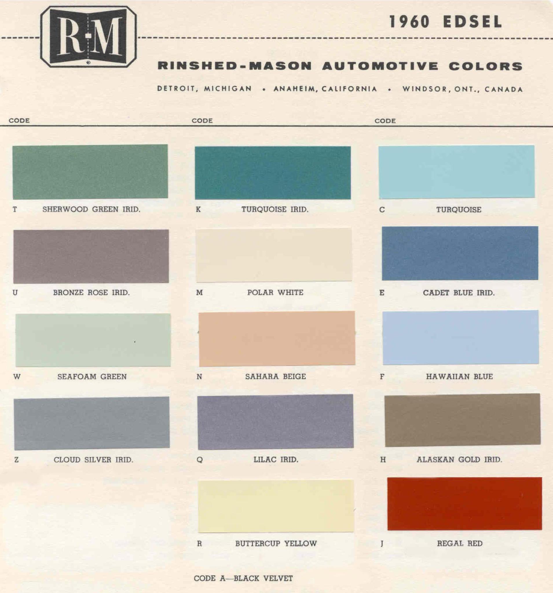 Ford Edsel 1960 Color Code, Paint Chart