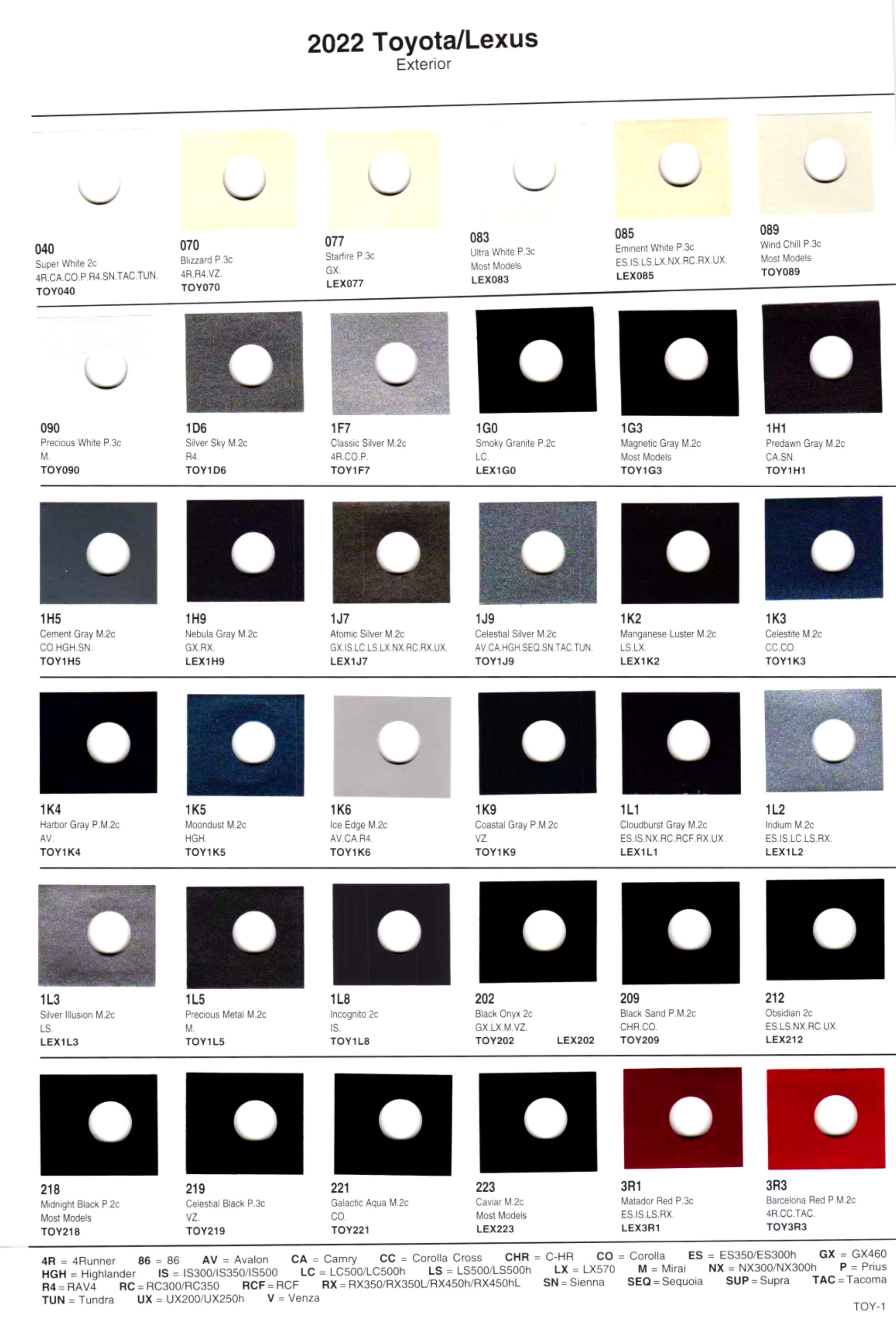 paint codes, color chips/examples of  toyota and lexus vehicles