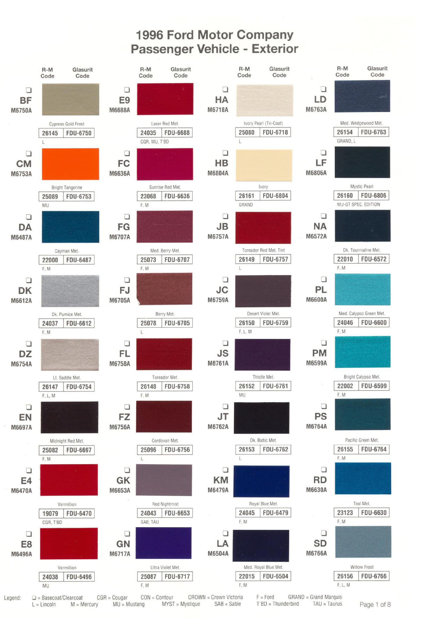 Ford Motor Vehicle Color Code Chart/Page Paint