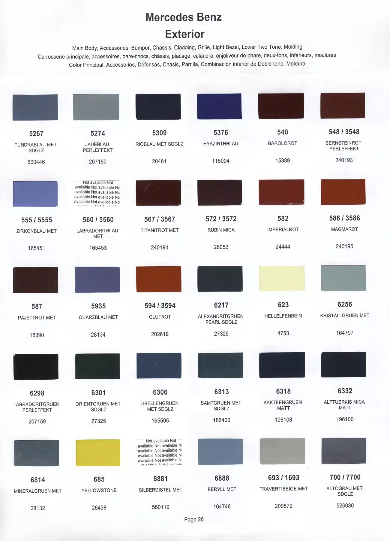 Color swatches that represent colors used on Mercedes Benz automobiles.  Color codes, Paint swatches, Ordering Stock numbers  and Color Names for Mercedes Benz automobiles.