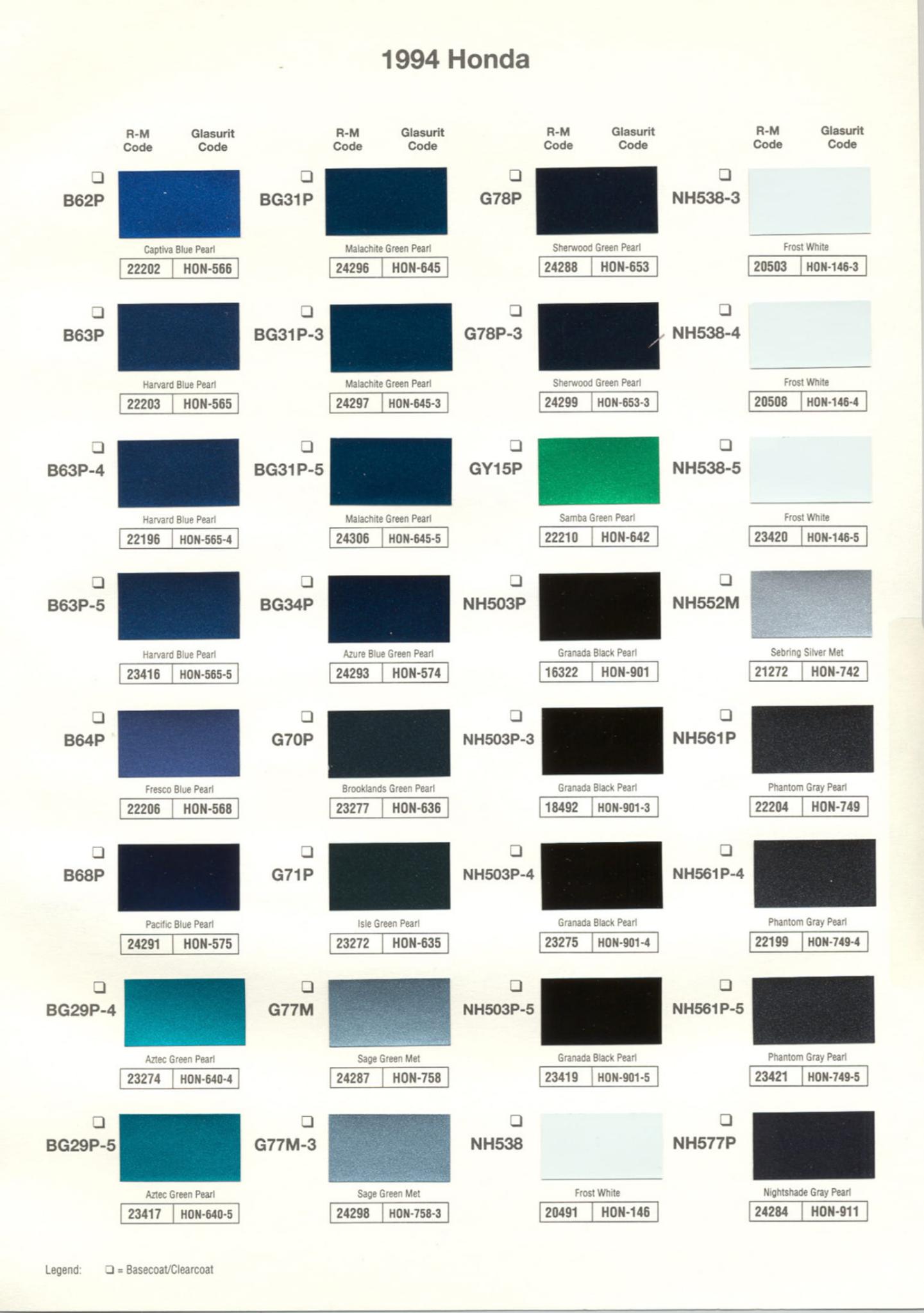 Honda Paint Code Color Chart