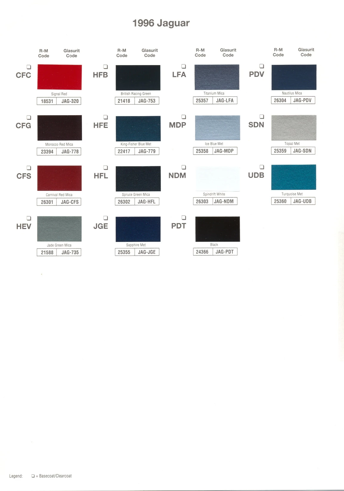 paint swatches and codes used on jaguar vehicles