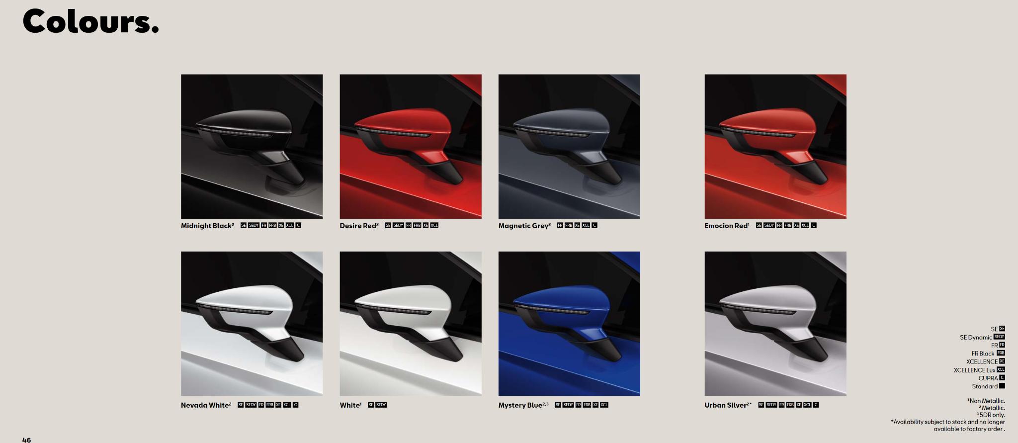 Exterior Color options that the Seat vehicle offered