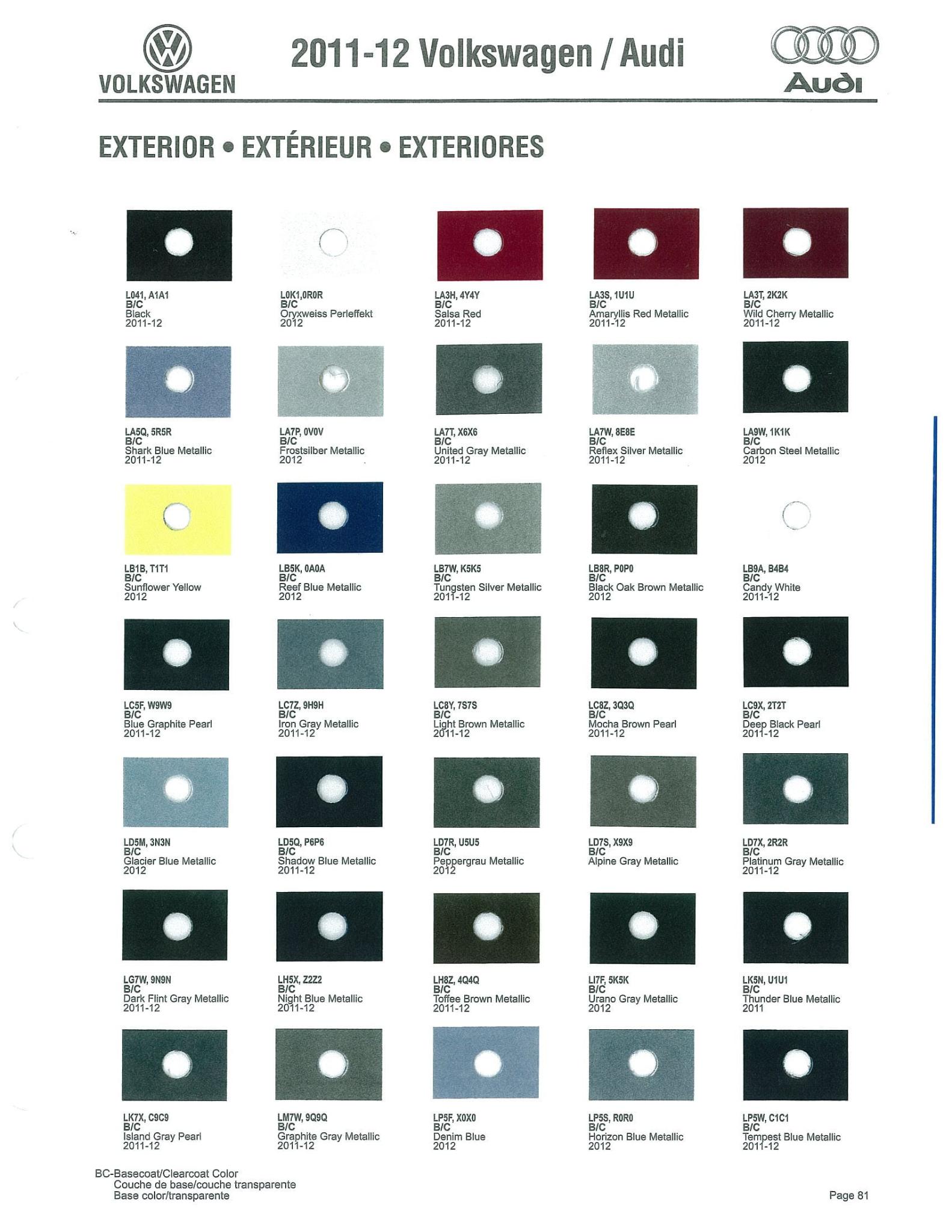 Volkswagen and Audi Paint Code Color Chart