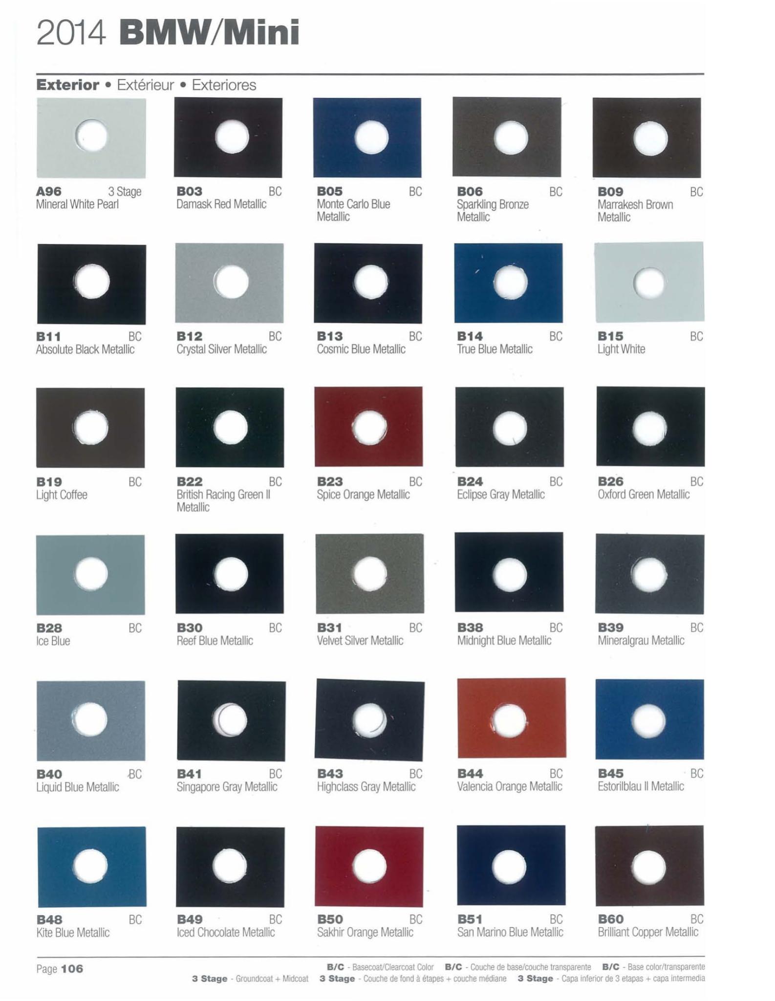 exterior paint colors and their ordering codes for the BMW and mini models
