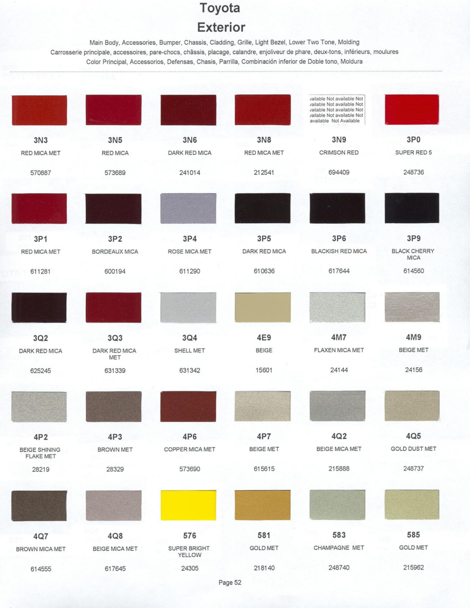 Toyoto / Lexus Paint Code and Color Chart