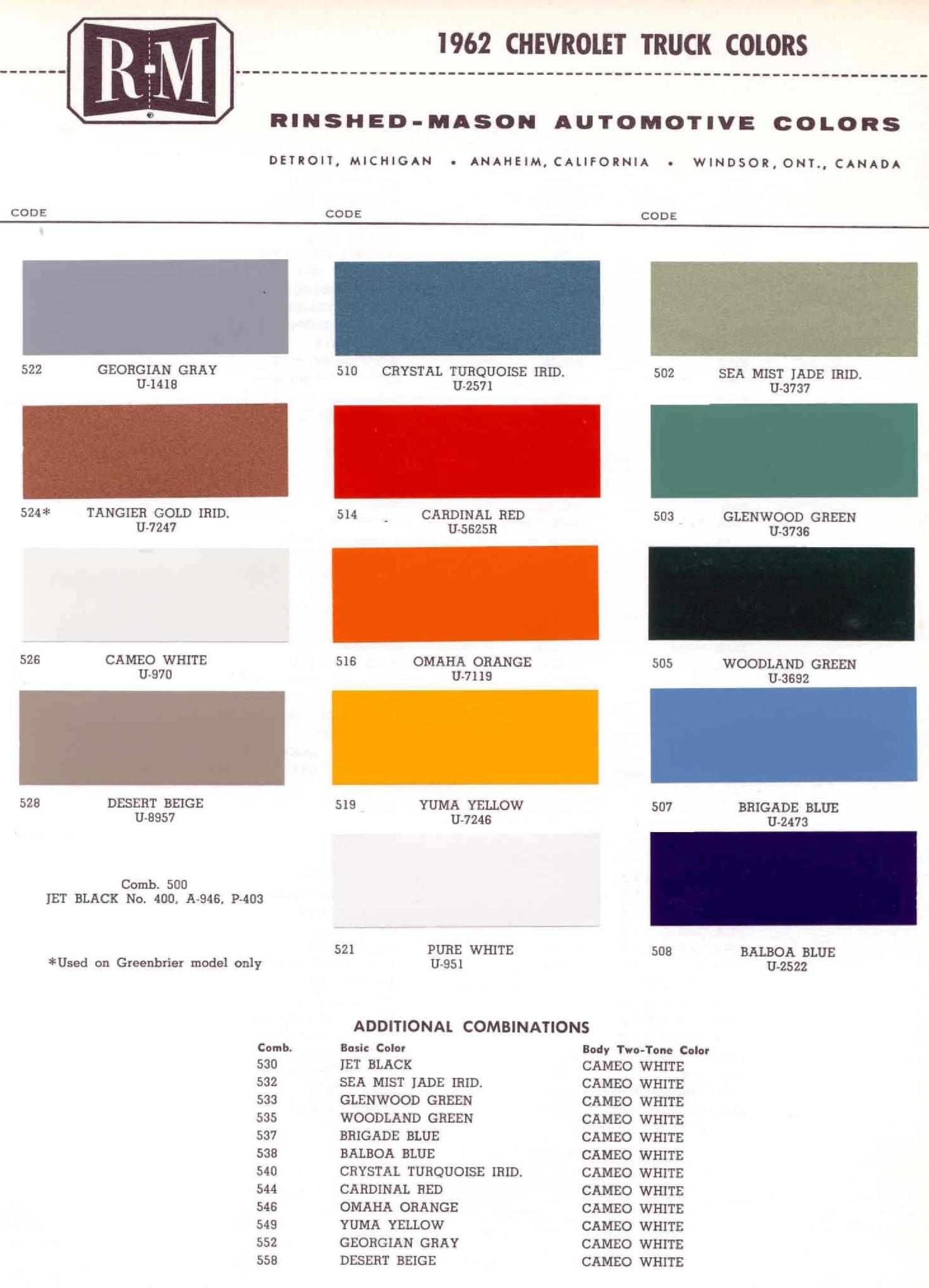 Paint Codes and Color Swatches used by Chevrolet on Vehicles