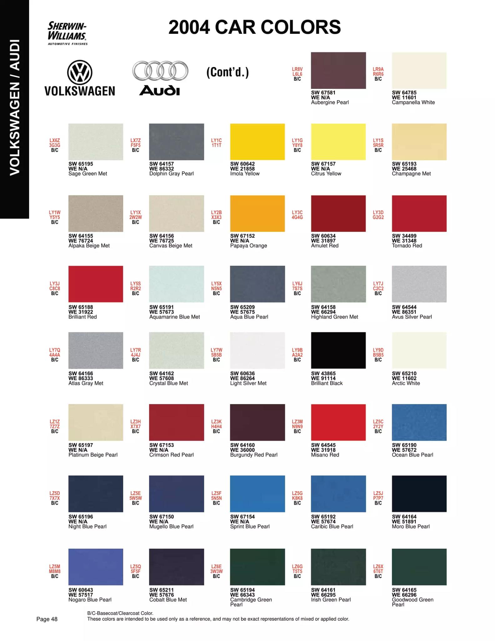 2004 Volkswagen Group Paint Codes Color Charts, 53% OFF